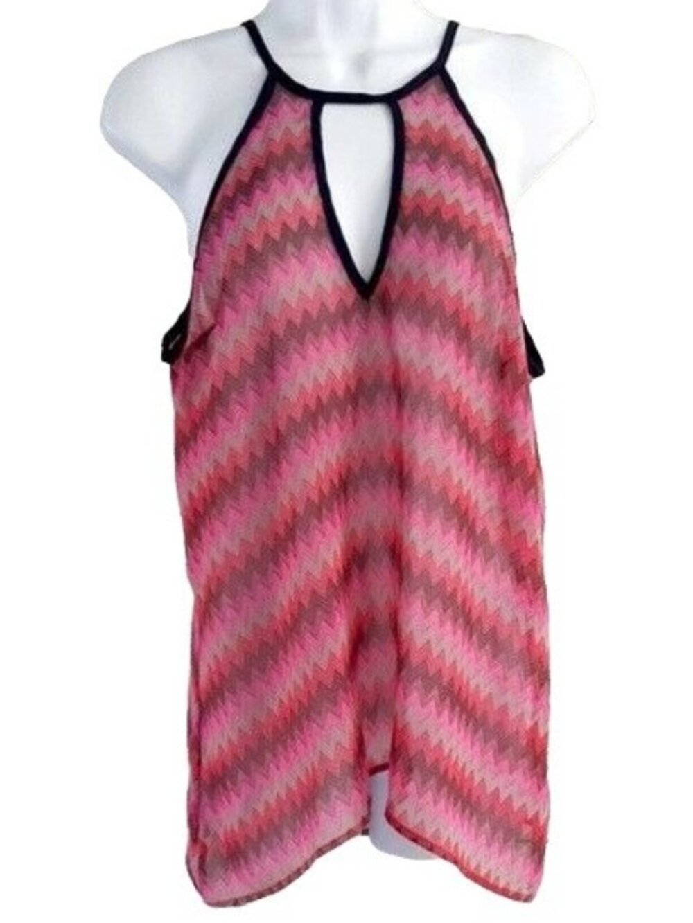 Blue Rain Semi Sheer Tank Top Pink Red Large Keyhole Sleeveless Ties Chevron